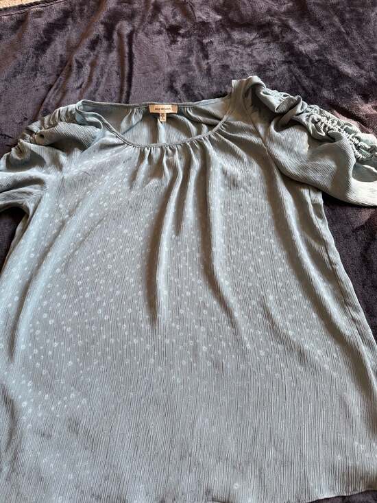 Max Studio Tops - Max Studio Sage Green Shimmer Daisy Dot Short Ruffle Sleeve Blouse Top Medium